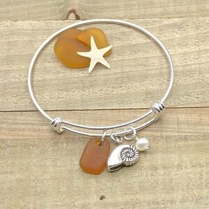 Sea Glass And Pearl Shell Charm Bracelet| Authentic Seaglass Beach Jewelry Gift